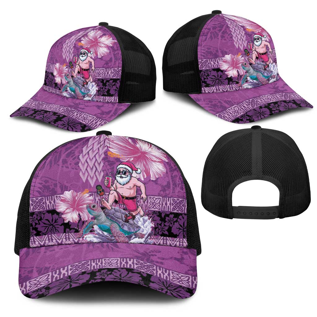 Hawaii Mele Kalikimaka Mesh Trucker Cap Funny Santa with Tribal Tattoos Kakau Purple Color - Polynesian Pride