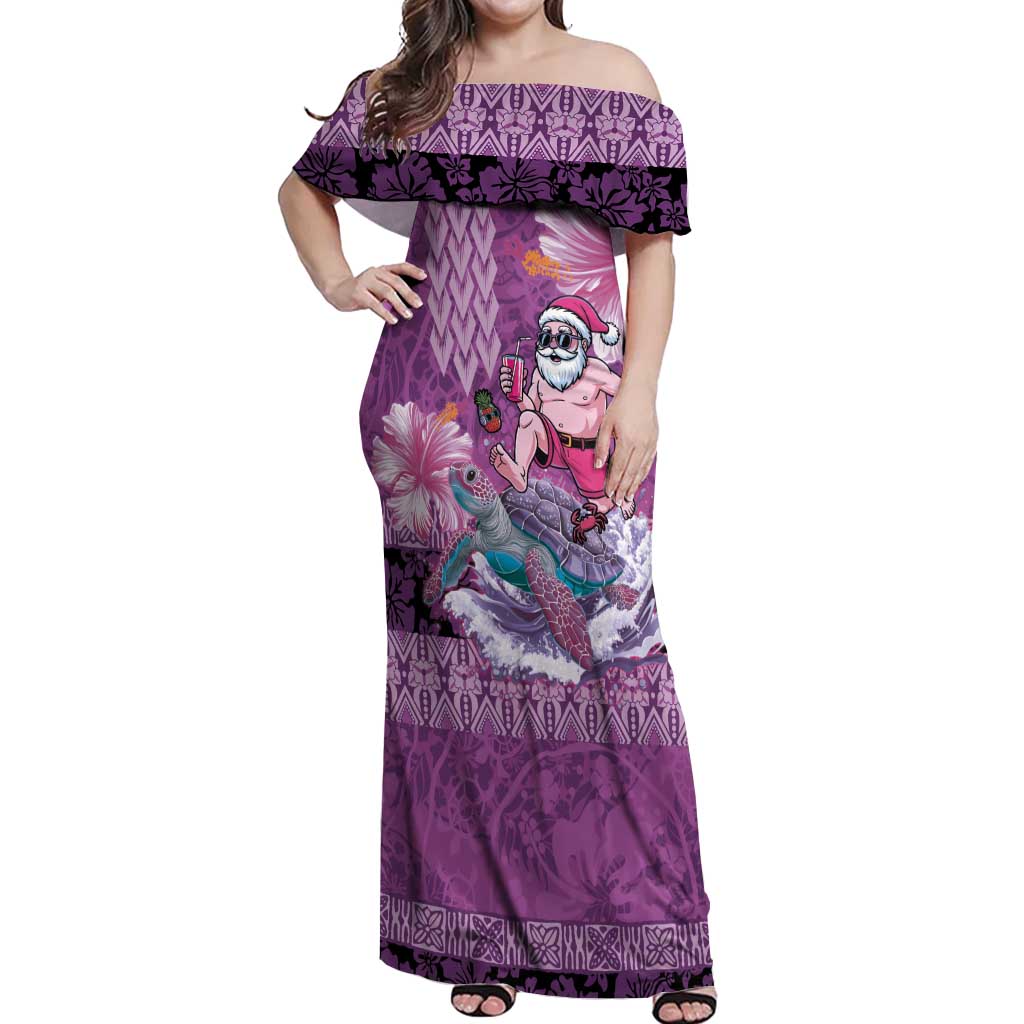 Hawaii Mele Kalikimaka Off Shoulder Maxi Dress Funny Santa with Tribal Tattoos Kakau Purple Color LT03 Women Purple - Polynesian Pride