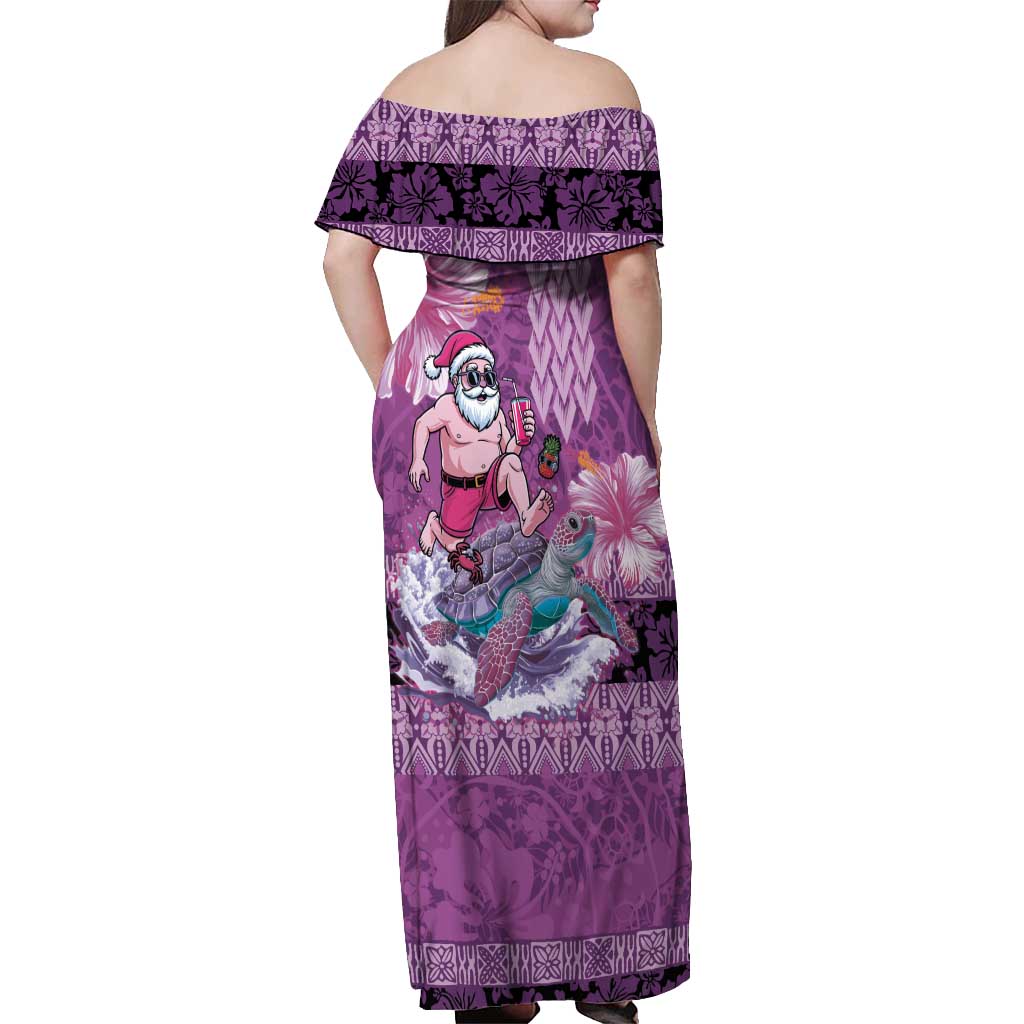 Hawaii Mele Kalikimaka Off Shoulder Maxi Dress Funny Santa with Tribal Tattoos Kakau Purple Color LT03 - Polynesian Pride