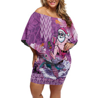 Hawaii Mele Kalikimaka Off Shoulder Short Dress Funny Santa with Tribal Tattoos Kakau Purple Color LT03 Women Purple - Polynesian Pride