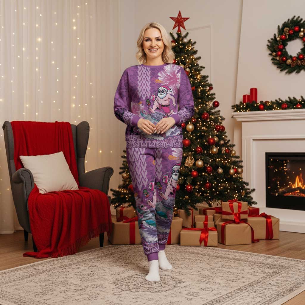 Hawaii Mele Kalikimaka Christmas Pajama Set Funny Santa with Tribal Tattoos Kakau Purple Color LT03 Women Purple - Polynesian Pride