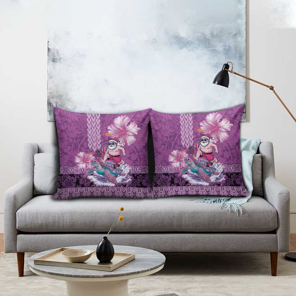 Hawaii Mele Kalikimaka Pillow Cover Funny Santa with Tribal Tattoos Kakau Purple Color - Polynesian Pride