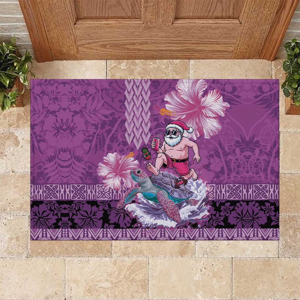 Hawaii Mele Kalikimaka Rubber Doormat Funny Santa with Tribal Tattoos Kakau Purple Color - Polynesian Pride