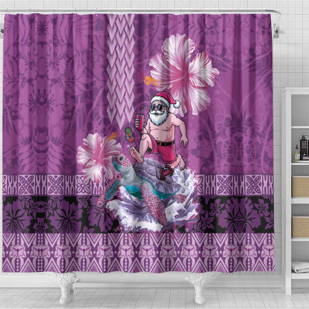 Hawaii Mele Kalikimaka Shower Curtain Funny Santa with Tribal Tattoos Kakau Purple Color LT03 - Polynesian Pride
