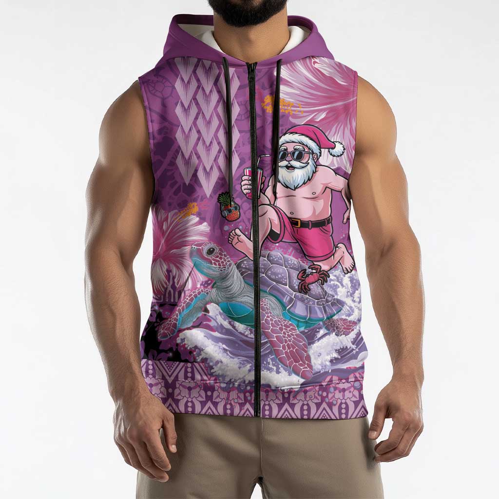 Hawaii Mele Kalikimaka Sleeveless Zip Hoodie Funny Santa with Tribal Tattoos Kakau Purple Color LT03 - Polynesian Pride