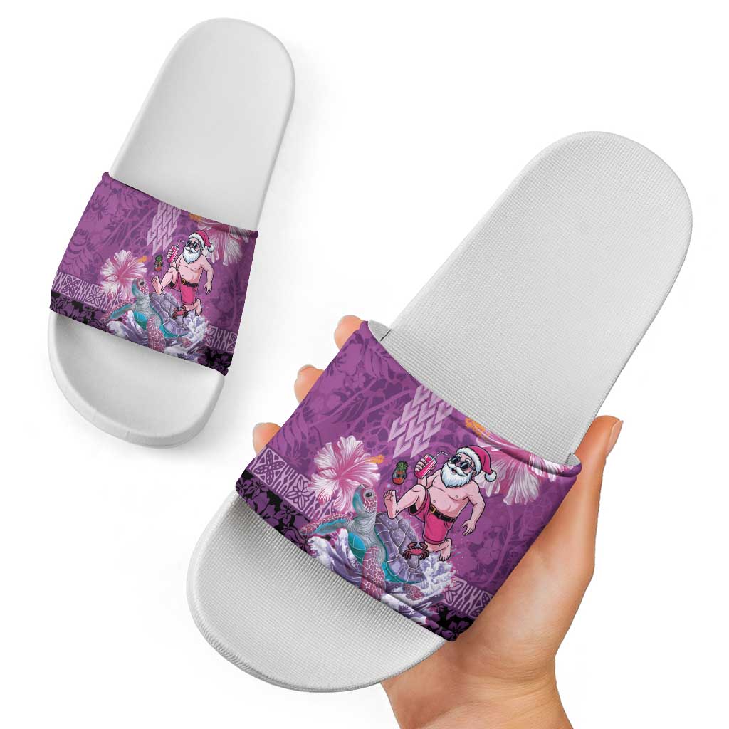 Hawaii Mele Kalikimaka Slide Sandals Funny Santa with Tribal Tattoos Kakau Purple Color - Polynesian Pride