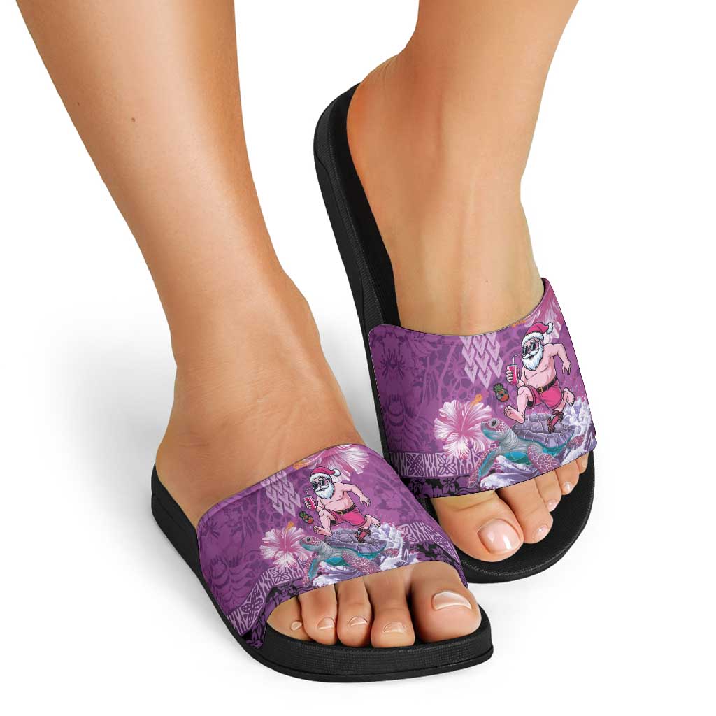 Hawaii Mele Kalikimaka Slide Sandals Funny Santa with Tribal Tattoos Kakau Purple Color - Polynesian Pride