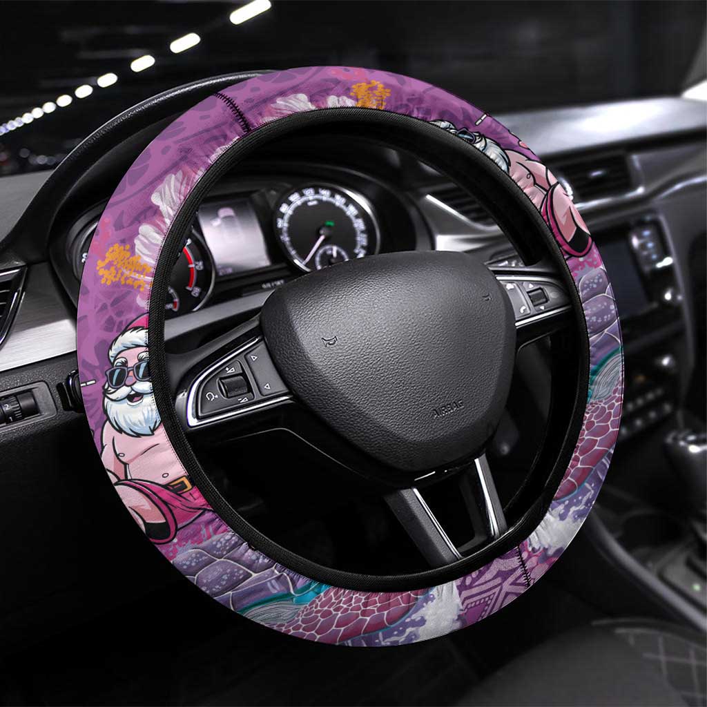 Hawaii Mele Kalikimaka Steering Wheel Cover Funny Santa with Tribal Tattoos Kakau Purple Color LT03 Universal Fit Purple - Polynesian Pride
