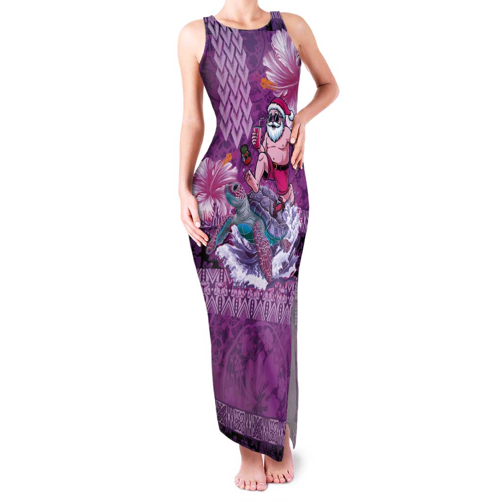 Hawaii Mele Kalikimaka Tank Maxi Dress Funny Santa with Tribal Tattoos Kakau Purple Color LT03 Women Purple - Polynesian Pride