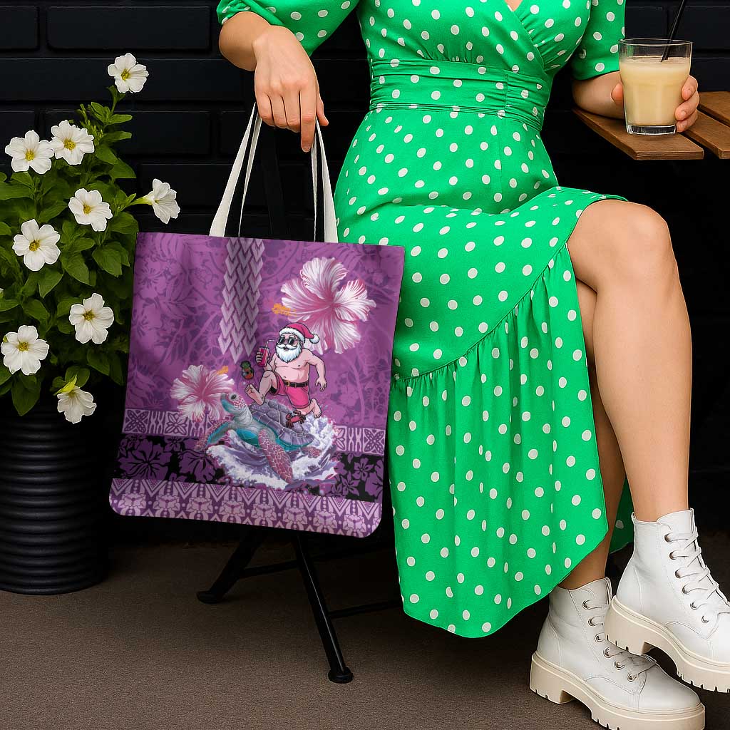 Hawaii Mele Kalikimaka Tote Bag Funny Santa with Tribal Tattoos Kakau Purple Color LT03 - Polynesian Pride