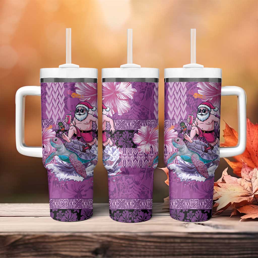 Hawaii Mele Kalikimaka Tumbler With Handle Funny Santa with Tribal Tattoos Kakau Purple Color LT03 - Polynesian Pride