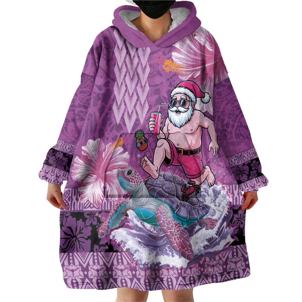 Hawaii Mele Kalikimaka Wearable Blanket Hoodie Funny Santa with Tribal Tattoos Kakau Purple Color LT03 - Polynesian Pride