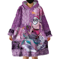 Hawaii Mele Kalikimaka Wearable Blanket Hoodie Funny Santa with Tribal Tattoos Kakau Purple Color LT03 - Polynesian Pride