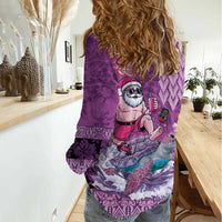 Hawaii Mele Kalikimaka Women Casual Shirt Funny Santa with Tribal Tattoos Kakau Purple Color LT03 - Polynesian Pride