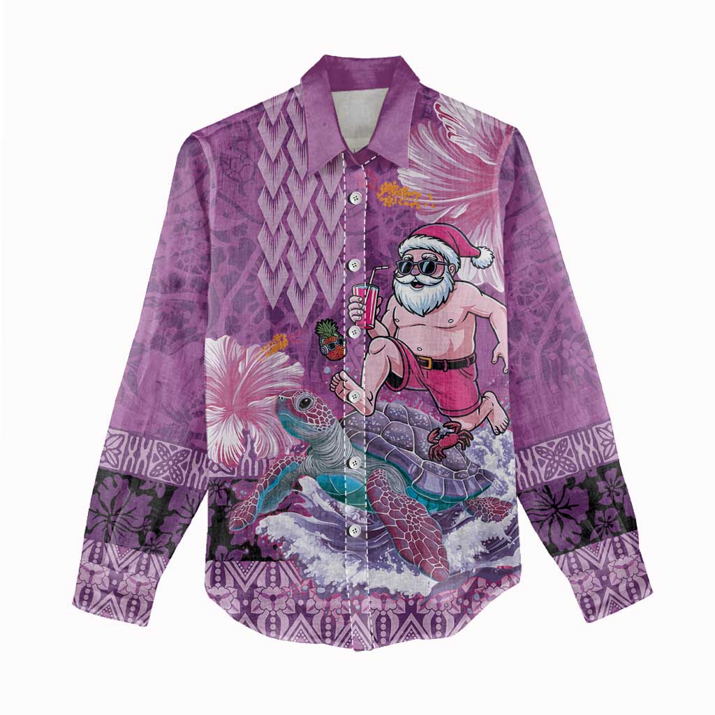 Hawaii Mele Kalikimaka Women Casual Shirt Funny Santa with Tribal Tattoos Kakau Purple Color LT03 - Polynesian Pride