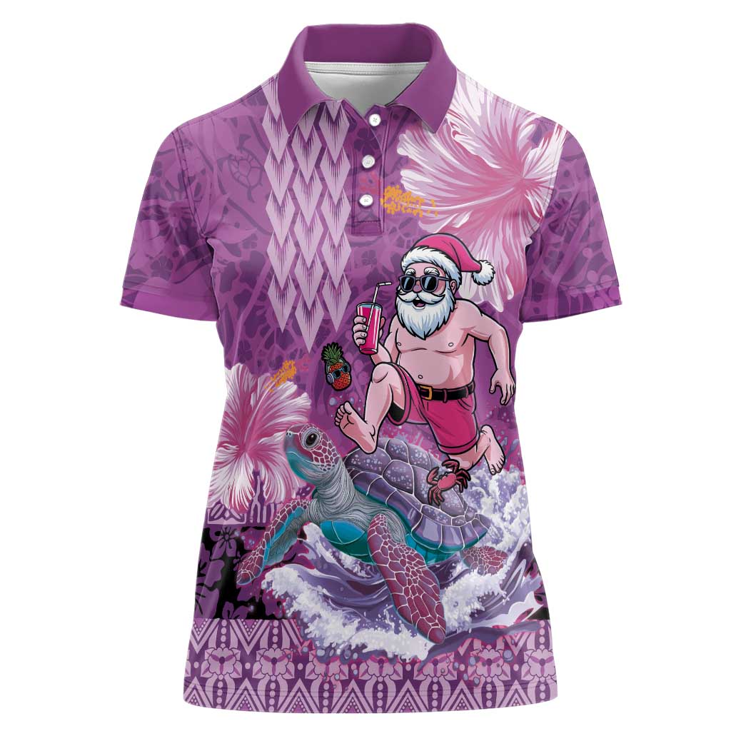 Hawaii Mele Kalikimaka Women Polo Shirt Funny Santa with Tribal Tattoos Kakau Purple Color LT03 Female Purple - Polynesian Pride