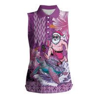 Hawaii Mele Kalikimaka Women Sleeveless Polo Shirt Funny Santa with Tribal Tattoos Kakau Purple Color LT03 Female Purple - Polynesian Pride