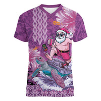 Hawaii Mele Kalikimaka Women V-Neck T-Shirt Funny Santa with Tribal Tattoos Kakau Purple Color LT03 Female Purple - Polynesian Pride