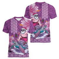 Hawaii Mele Kalikimaka Women V-Neck T-Shirt Funny Santa with Tribal Tattoos Kakau Purple Color LT03 - Polynesian Pride