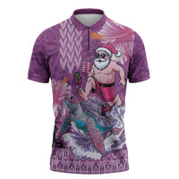 Hawaii Mele Kalikimaka Zipper Polo Shirt Funny Santa with Tribal Tattoos Kakau Purple Color LT03 Purple - Polynesian Pride