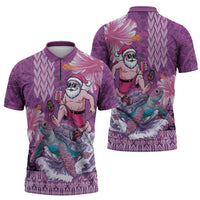 Hawaii Mele Kalikimaka Zipper Polo Shirt Funny Santa with Tribal Tattoos Kakau Purple Color LT03 - Polynesian Pride
