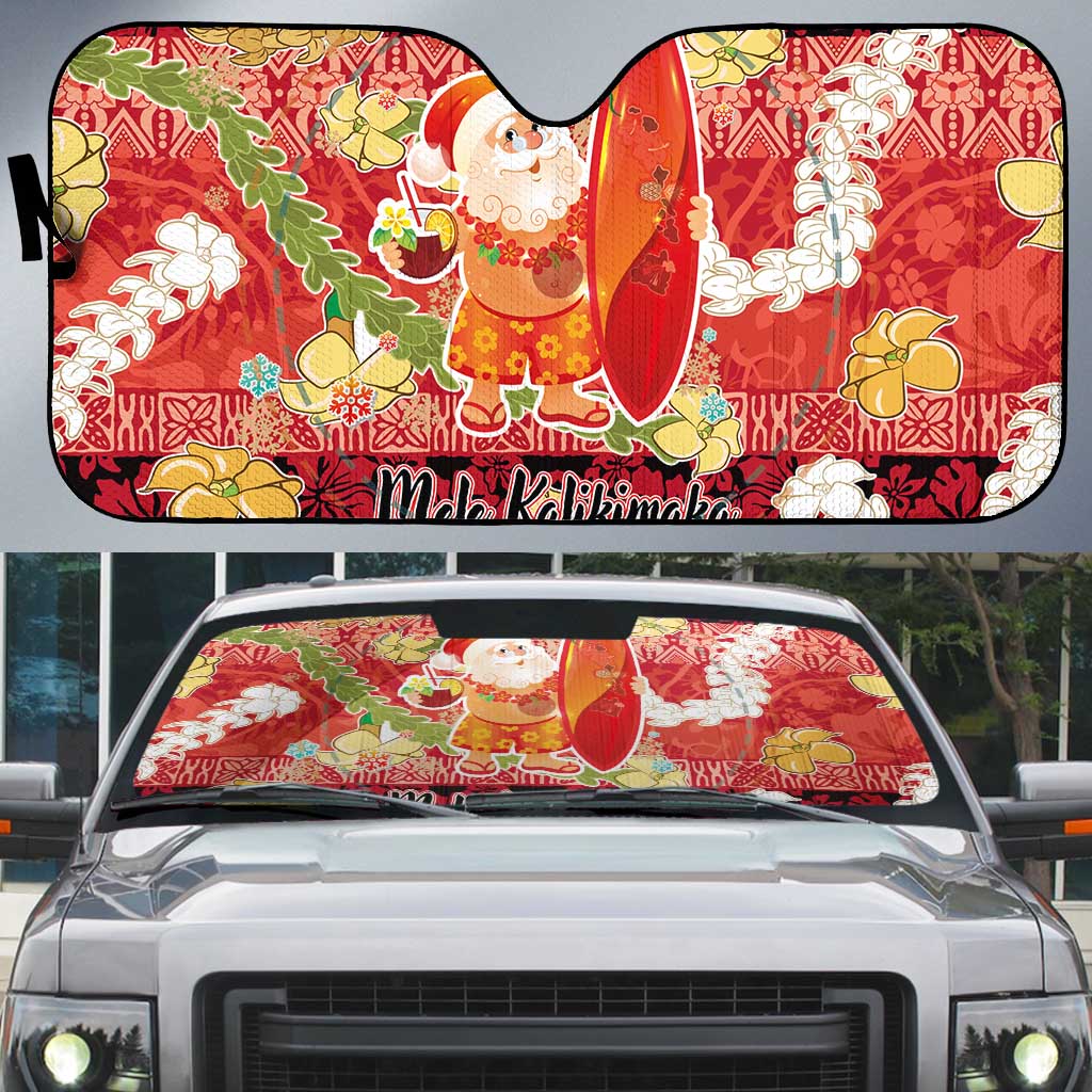 Hawaii Santa Mele Kalikimaka Auto Sun Shade Tropical Puakenikeni Lei with Polynesian Tribal Pattern LT03 Red - Polynesian Pride