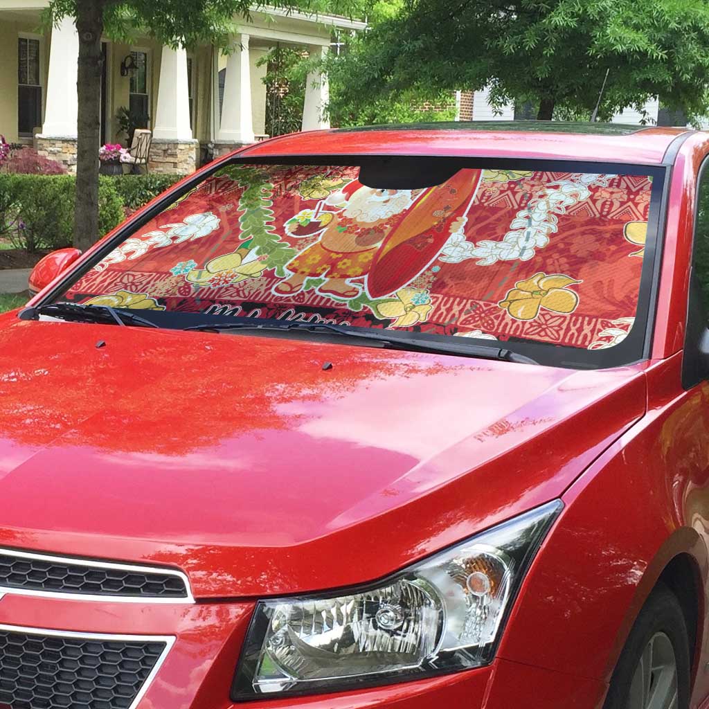 Hawaii Santa Mele Kalikimaka Auto Sun Shade Tropical Puakenikeni Lei with Polynesian Tribal Pattern - Polynesian Pride