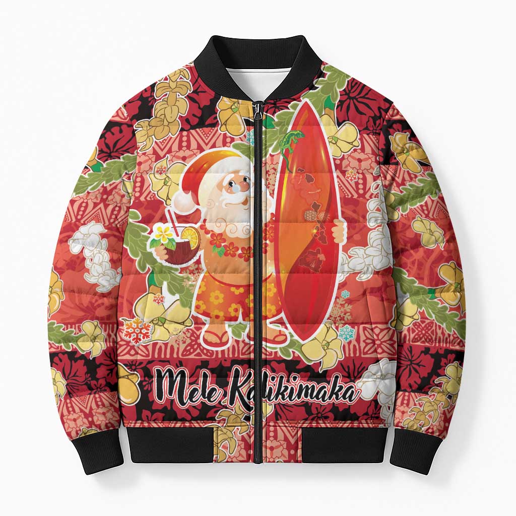 Hawaii Santa Mele Kalikimaka Bomber Puffer Jacket Tropical Puakenikeni Lei with Polynesian Tribal Pattern LT03 Unisex Red - Polynesian Pride
