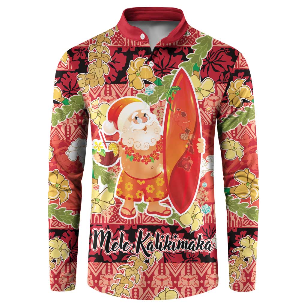 Hawaii Santa Mele Kalikimaka Button Sweatshirt Tropical Puakenikeni Lei with Polynesian Tribal Pattern LT03 Red - Polynesian Pride