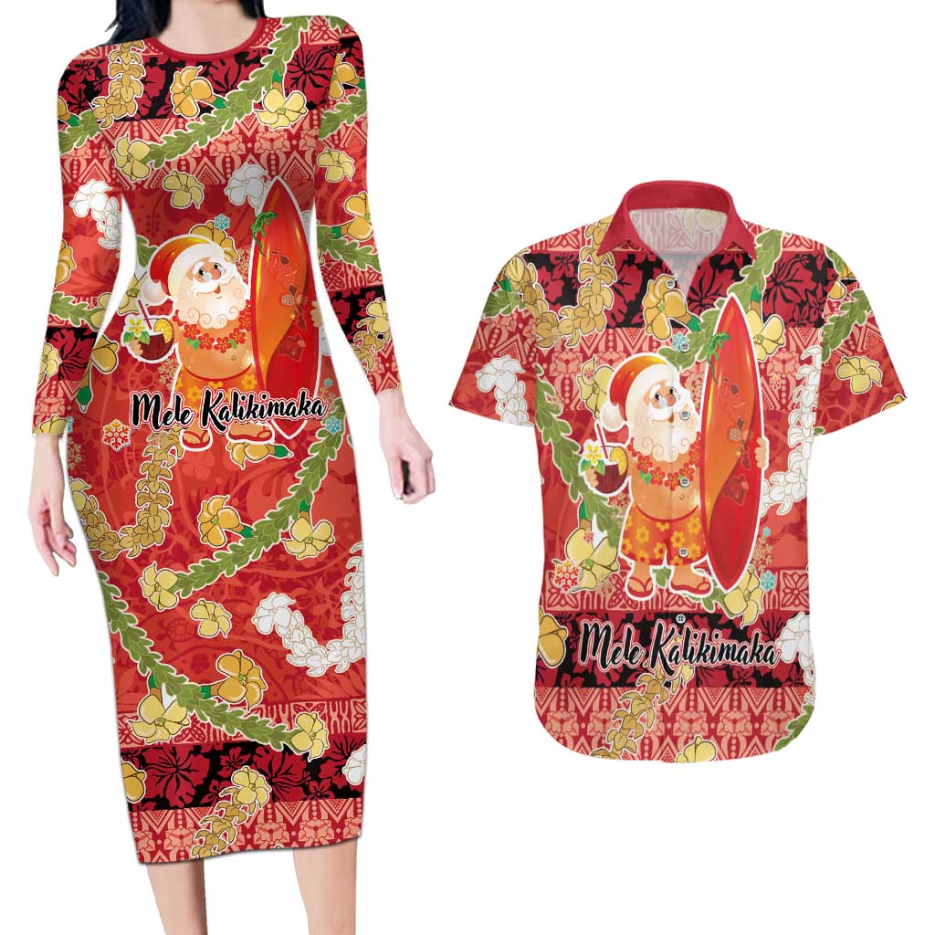 Hawaii Santa Mele Kalikimaka Couples Matching Long Sleeve Bodycon Dress and Hawaiian Shirt Tropical Puakenikeni Lei with Polynesian Tribal Pattern LT03 Red - Polynesian Pride