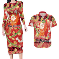 Hawaii Santa Mele Kalikimaka Couples Matching Long Sleeve Bodycon Dress and Hawaiian Shirt Tropical Puakenikeni Lei with Polynesian Tribal Pattern LT03 Red - Polynesian Pride