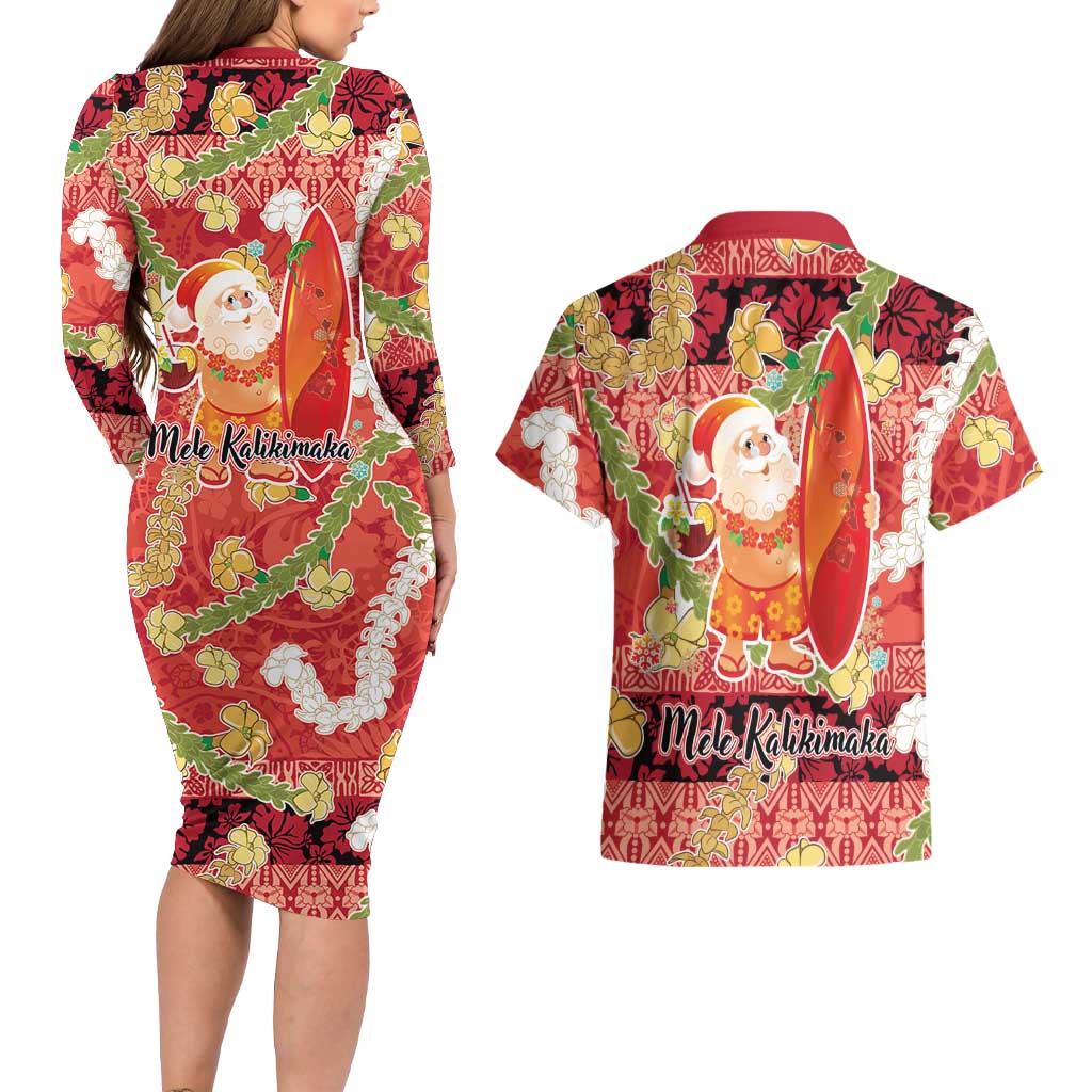 Hawaii Santa Mele Kalikimaka Couples Matching Long Sleeve Bodycon Dress and Hawaiian Shirt Tropical Puakenikeni Lei with Polynesian Tribal Pattern LT03 - Polynesian Pride