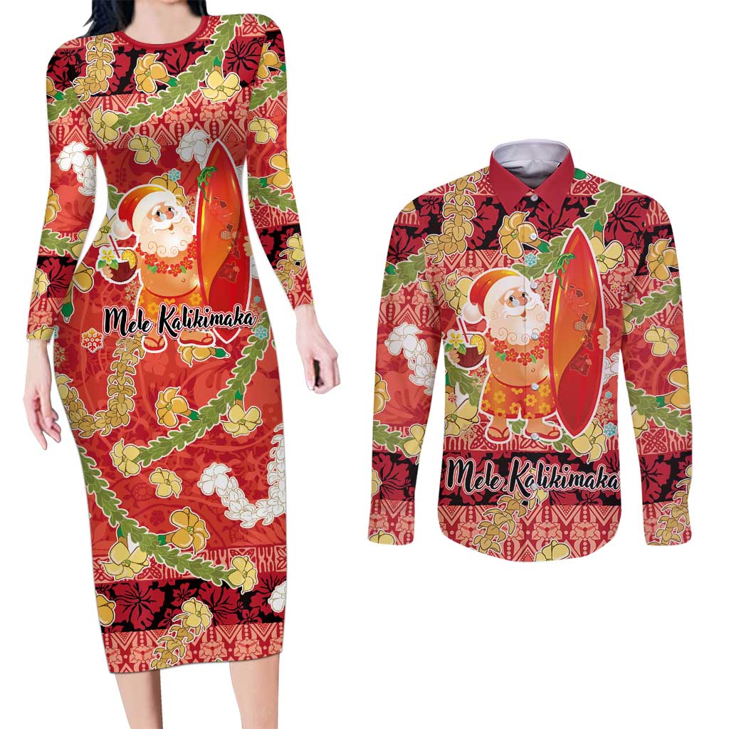 Hawaii Santa Mele Kalikimaka Couples Matching Long Sleeve Bodycon Dress and Long Sleeve Button Shirt Tropical Puakenikeni Lei with Polynesian Tribal Pattern LT03 Red - Polynesian Pride