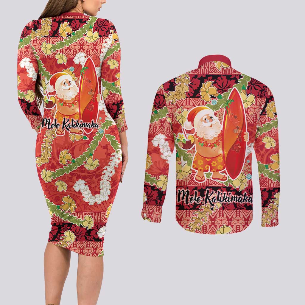 Hawaii Santa Mele Kalikimaka Couples Matching Long Sleeve Bodycon Dress and Long Sleeve Button Shirt Tropical Puakenikeni Lei with Polynesian Tribal Pattern LT03 - Polynesian Pride