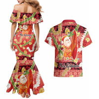 Hawaii Santa Mele Kalikimaka Couples Matching Mermaid Dress and Hawaiian Shirt Tropical Puakenikeni Lei with Polynesian Tribal Pattern LT03 - Polynesian Pride