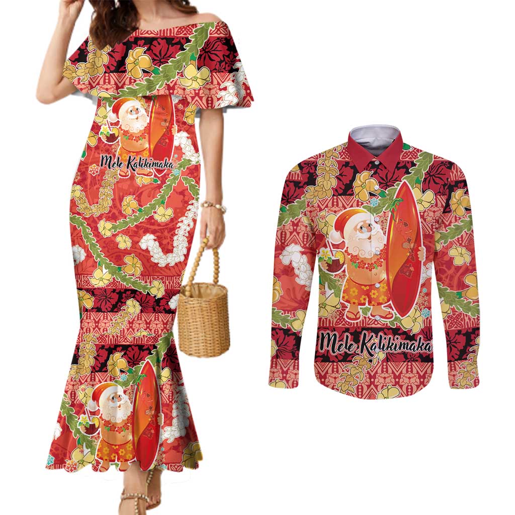 Hawaii Santa Mele Kalikimaka Couples Matching Mermaid Dress and Long Sleeve Button Shirt Tropical Puakenikeni Lei with Polynesian Tribal Pattern LT03 Red - Polynesian Pride