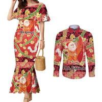 Hawaii Santa Mele Kalikimaka Couples Matching Mermaid Dress and Long Sleeve Button Shirt Tropical Puakenikeni Lei with Polynesian Tribal Pattern LT03 Red - Polynesian Pride