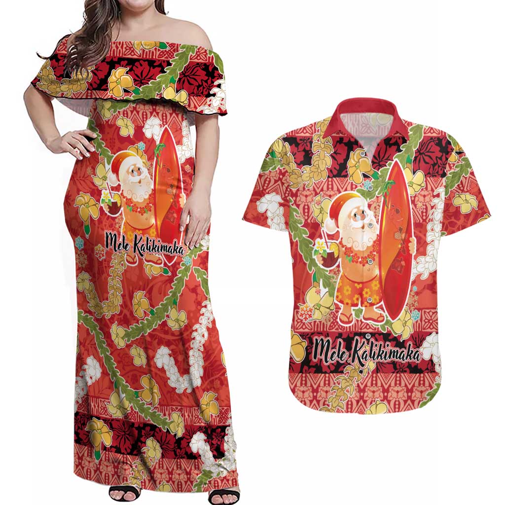 Hawaii Santa Mele Kalikimaka Couples Matching Off Shoulder Maxi Dress and Hawaiian Shirt Tropical Puakenikeni Lei with Polynesian Tribal Pattern LT03 Red - Polynesian Pride