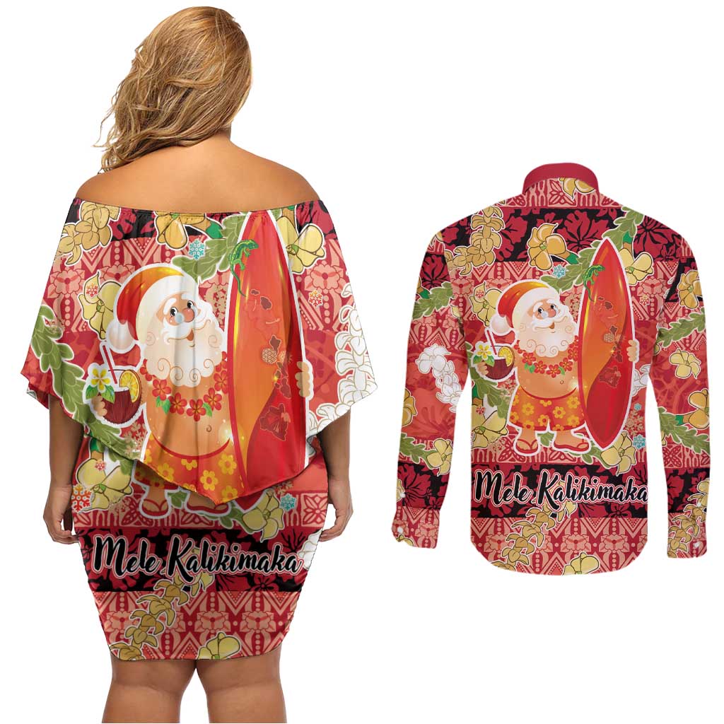 Hawaii Santa Mele Kalikimaka Couples Matching Off Shoulder Short Dress and Long Sleeve Button Shirt Tropical Puakenikeni Lei with Polynesian Tribal Pattern LT03 - Polynesian Pride