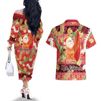 Hawaii Santa Mele Kalikimaka Couples Matching Off The Shoulder Long Sleeve Dress and Hawaiian Shirt Tropical Puakenikeni Lei with Polynesian Tribal Pattern LT03 - Polynesian Pride