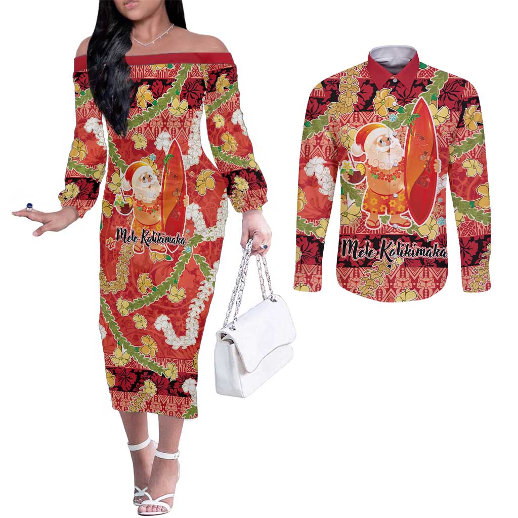 Hawaii Santa Mele Kalikimaka Couples Matching Off The Shoulder Long Sleeve Dress and Long Sleeve Button Shirt Tropical Puakenikeni Lei with Polynesian Tribal Pattern LT03 Red - Polynesian Pride