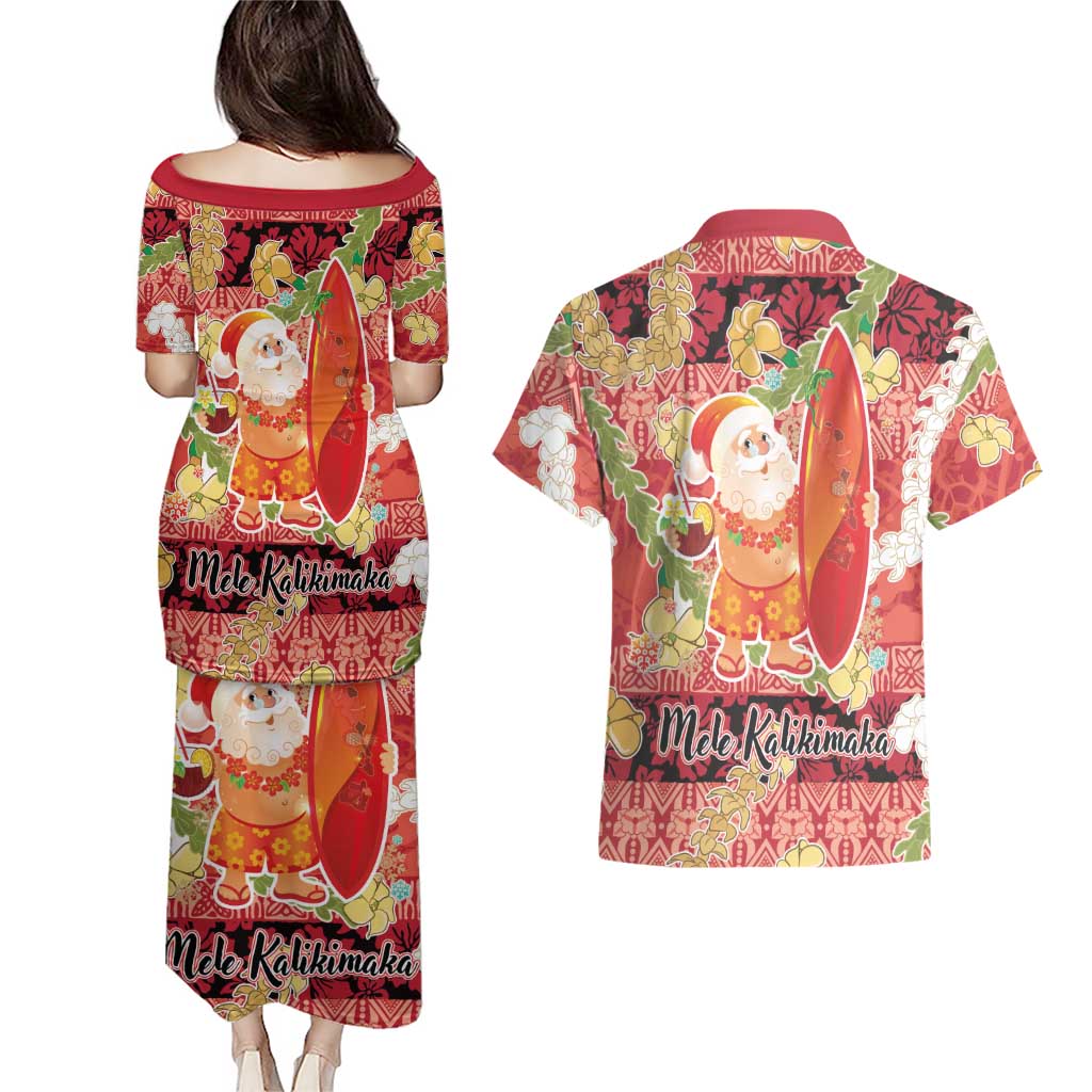 Hawaii Santa Mele Kalikimaka Couples Matching Puletasi and Hawaiian Shirt Tropical Puakenikeni Lei with Polynesian Tribal Pattern LT03 - Polynesian Pride