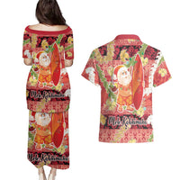 Hawaii Santa Mele Kalikimaka Couples Matching Puletasi and Hawaiian Shirt Tropical Puakenikeni Lei with Polynesian Tribal Pattern LT03 - Polynesian Pride