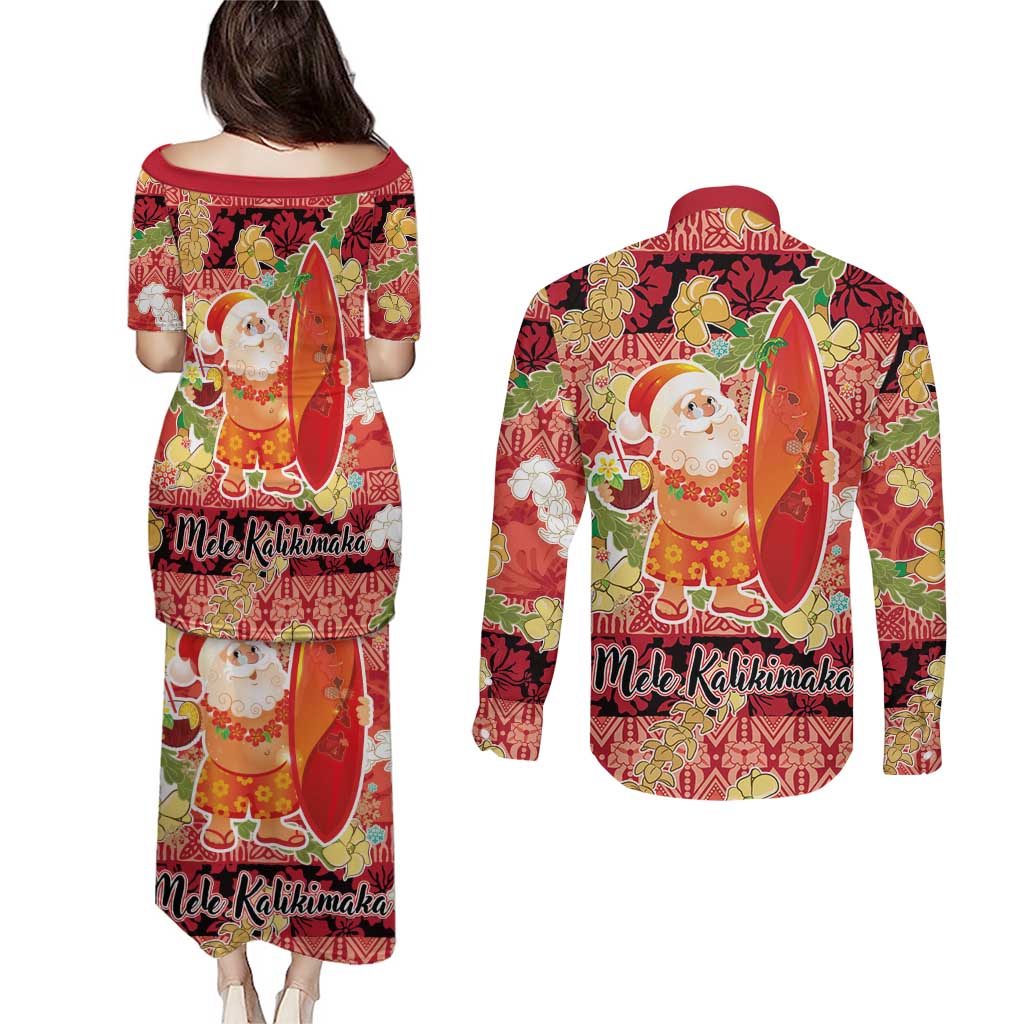 Hawaii Santa Mele Kalikimaka Couples Matching Puletasi and Long Sleeve Button Shirt Tropical Puakenikeni Lei with Polynesian Tribal Pattern - Polynesian Pride