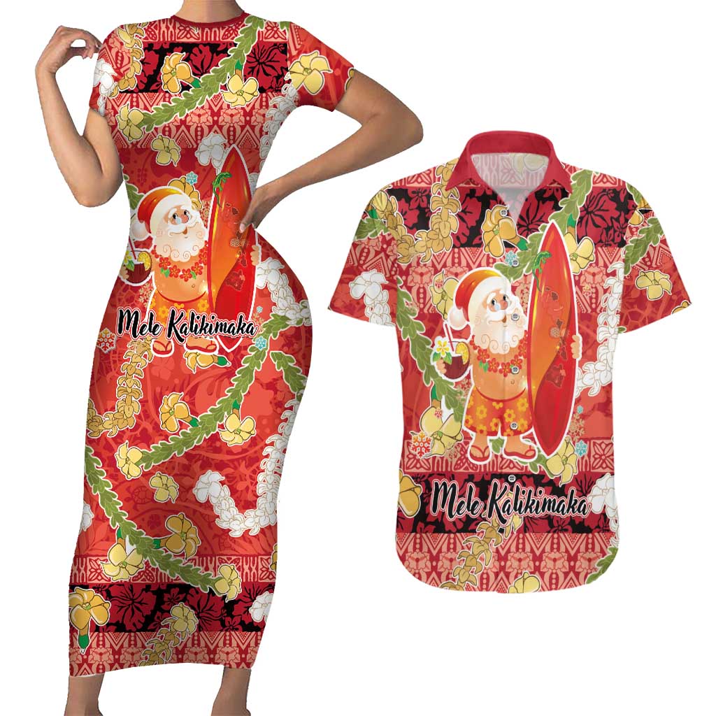 Hawaii Santa Mele Kalikimaka Couples Matching Short Sleeve Bodycon Dress and Hawaiian Shirt Tropical Puakenikeni Lei with Polynesian Tribal Pattern LT03 Red - Polynesian Pride