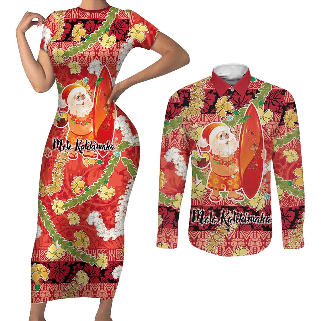 Hawaii Santa Mele Kalikimaka Couples Matching Short Sleeve Bodycon Dress and Long Sleeve Button Shirt Tropical Puakenikeni Lei with Polynesian Tribal Pattern LT03 Red - Polynesian Pride