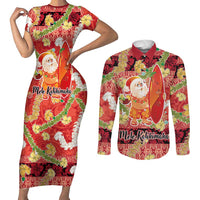 Hawaii Santa Mele Kalikimaka Couples Matching Short Sleeve Bodycon Dress and Long Sleeve Button Shirt Tropical Puakenikeni Lei with Polynesian Tribal Pattern LT03 Red - Polynesian Pride