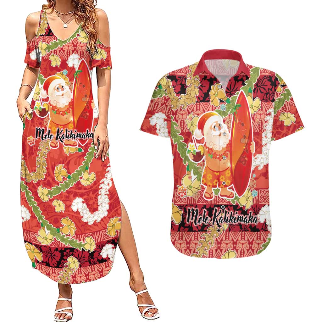 Hawaii Santa Mele Kalikimaka Couples Matching Summer Maxi Dress and Hawaiian Shirt Tropical Puakenikeni Lei with Polynesian Tribal Pattern LT03 Red - Polynesian Pride