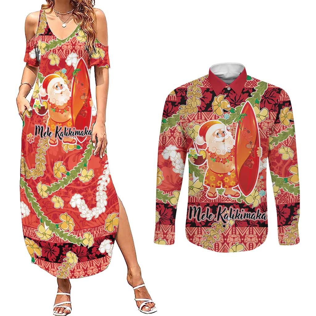 Hawaii Santa Mele Kalikimaka Couples Matching Summer Maxi Dress and Long Sleeve Button Shirt Tropical Puakenikeni Lei with Polynesian Tribal Pattern LT03 Red - Polynesian Pride