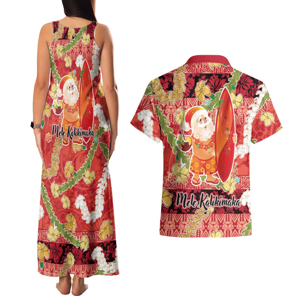Hawaii Santa Mele Kalikimaka Couples Matching Tank Maxi Dress and Hawaiian Shirt Tropical Puakenikeni Lei with Polynesian Tribal Pattern LT03 - Polynesian Pride